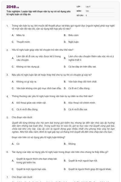 Trắc nghiệm: Luyện tập viết đoạn văn tự sự có sử dụng yếu tố nghị luận có đáp án