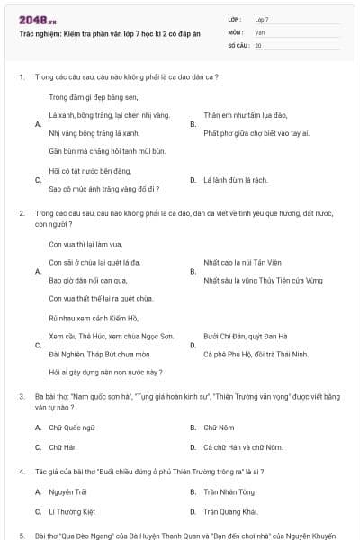 Trắc nghiệm: Kiểm tra phần văn lớp 7 học kì 2 có đáp án