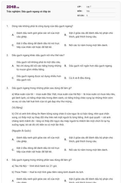 Trắc nghiệm: Dấu gạch ngang có đáp án