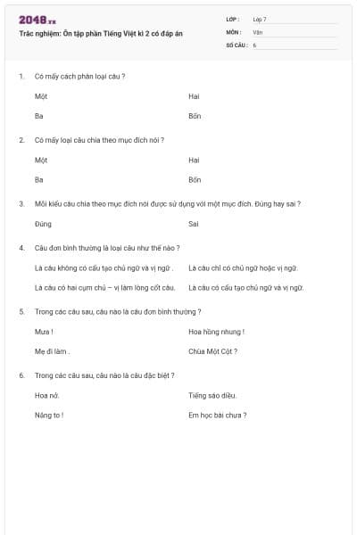 Trắc nghiệm: Ôn tập phần Tiếng Việt kì 2 có đáp án