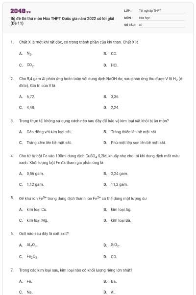 Bộ đề thi thử môn Hóa THPT Quốc gia năm 2022 có lời giải (Đề 11)