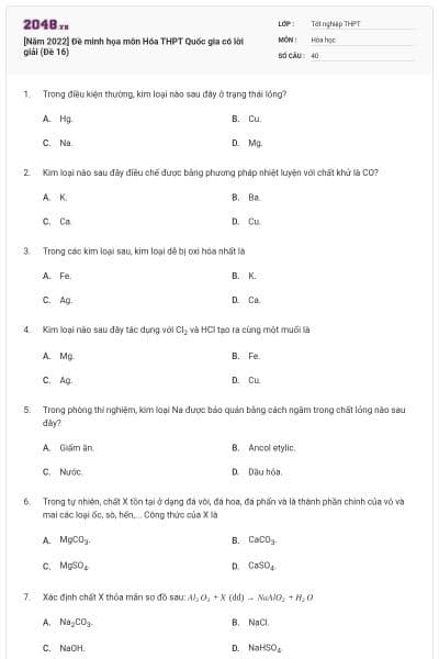 [Năm 2022] Đề minh họa môn Hóa THPT Quốc gia có lời giải (Đề 16)