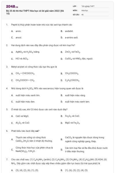 Bộ 25 đề thi thử THPT Hóa học có lời giải năm 2022 (Đề 10)