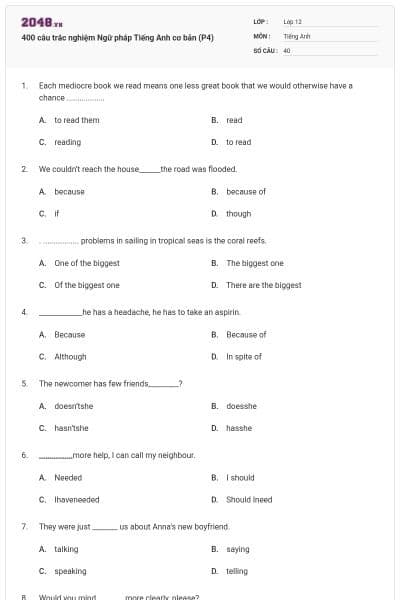 400 câu trắc nghiệm Ngữ pháp Tiếng Anh cơ bản (P4)