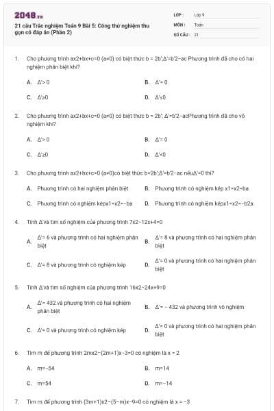 21 câu Trắc nghiệm Toán 9 Bài 5: Công thứ nghiệm thu gọn có đáp án (Phần 2)