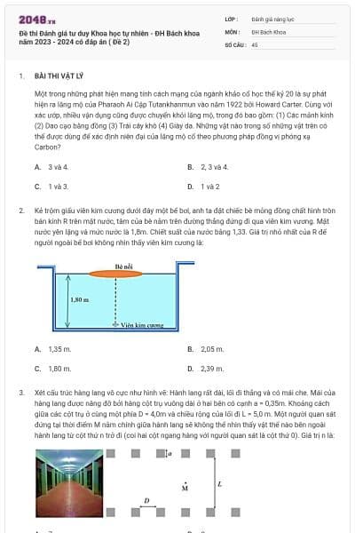 Đề thi Đánh giá tư duy Khoa học tự nhiên - ĐH Bách khoa năm 2023 - 2024 có đáp án ( Đề 2)