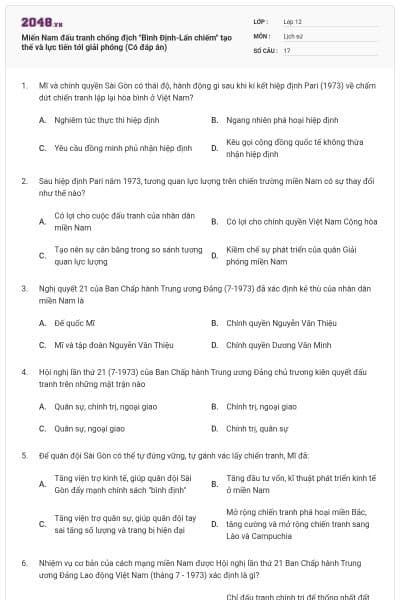 Miến Nam đấu tranh chống địch "Bình Định-Lấn chiếm" tạo thế và lực tiến tới giải phóng (Có đáp án)