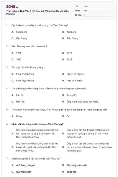 Trắc nghiệm Ngữ Văn 9 (có đáp án): Vài nét về tác giả Viễn Phương
