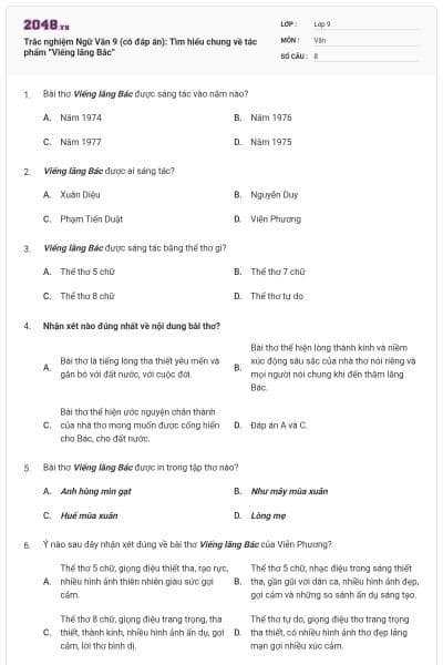 Trắc nghiệm Ngữ Văn 9 (có đáp án): Tìm hiểu chung về tác phẩm ”Viếng lăng Bác”