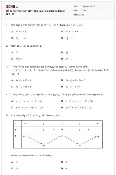 Đề thi thử môn Toán THPT Quốc gia năm 2022 có lời giải (Đề 11)