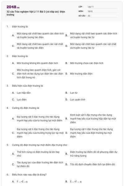 32 câu Trắc nghiệm Vật Lí 11 Bài 3 (có đáp án): Điện trường