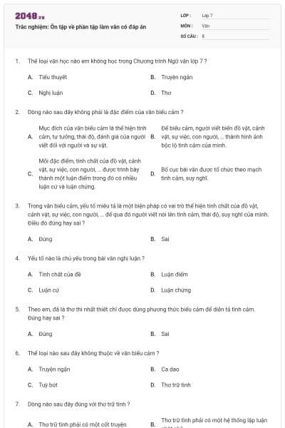 Trắc nghiệm: Ôn tập về phần tập làm văn có đáp án