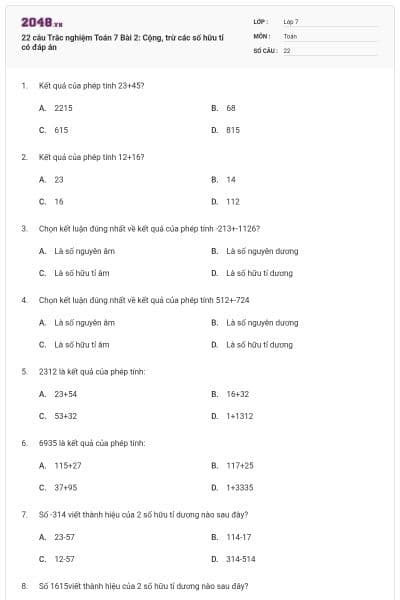 22 câu Trắc nghiệm Toán 7 Bài 2: Cộng, trừ các số hữu tỉ có đáp án