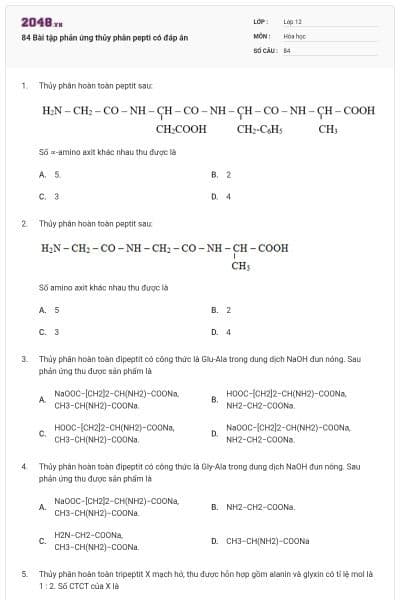 84 Bài tập phản ứng thủy phân pepti có đáp án