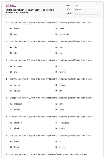 Bài tập trắc nghiệm Tiếng Anh 6 Unit 1 (có đáp án): Phonetics and Speaking