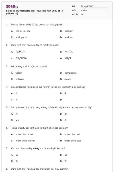 Bộ đề thi thử monn Hóa THPT Quốc gia năm 2022 có lời giải (Đề 13)