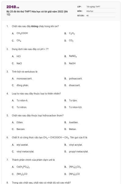 Bộ 25 đề thi thử THPT Hóa học có lời giải năm 2022 (Đề 12)