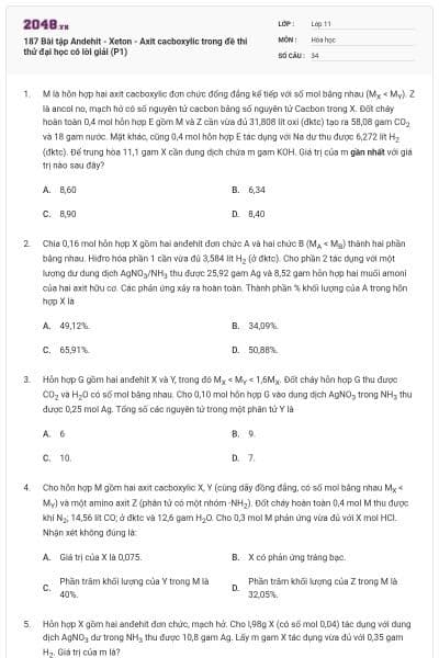 187 Bài tập Andehit - Xeton - Axit cacboxylic trong đề thi thử đại học có lời giải (P1)