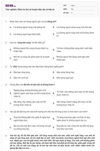 Trắc nghiệm: Kiểm tra thơ và truyện hiện đại có đáp án