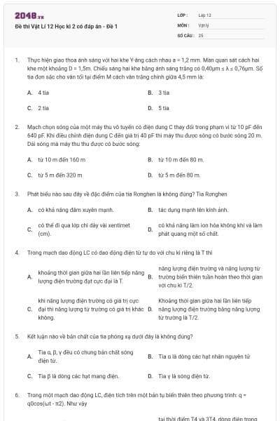 Đề thi Vật Lí 12 Học kì 2 có đáp án - Đề 1