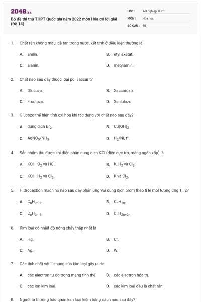 Bộ đề thi thử THPT Quốc gia năm 2022 môn Hóa có lời giải (Đề 14)