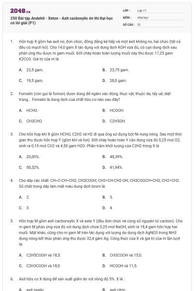 250 Bài tập Andehit - Xeton - Axit cacboxylic ôn thi Đại học có lời giải (P1)
