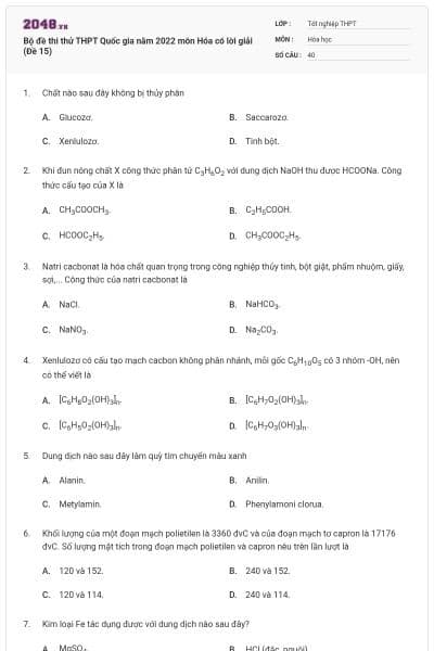 Bộ đề thi thử THPT Quốc gia năm 2022 môn Hóa có lời giải (Đề 15)