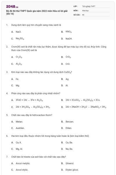 Bộ đề thi thử THPT Quốc gia năm 2022 môn Hóa có lời giải (Đề 16)