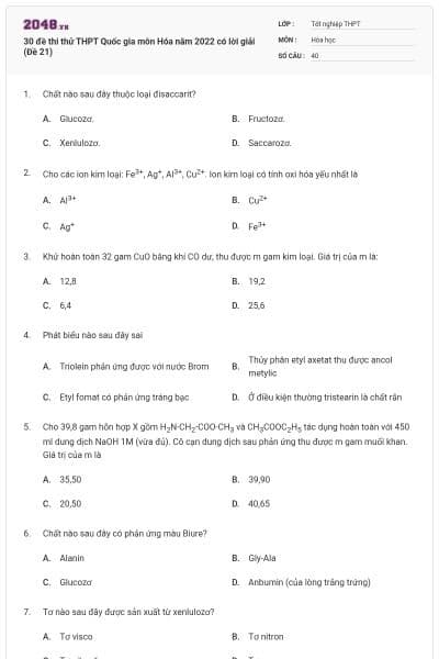 30 đề thi thử THPT Quốc gia môn Hóa năm 2022 có lời giải (Đề 21)