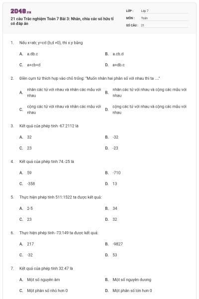 21 câu Trắc nghiệm Toán 7 Bài 3: Nhân, chia các số hữu tỉ có đáp án