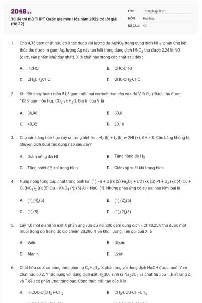 30 đề thi thử THPT Quốc gia môn Hóa năm 2022 có lời giải (Đề 22)