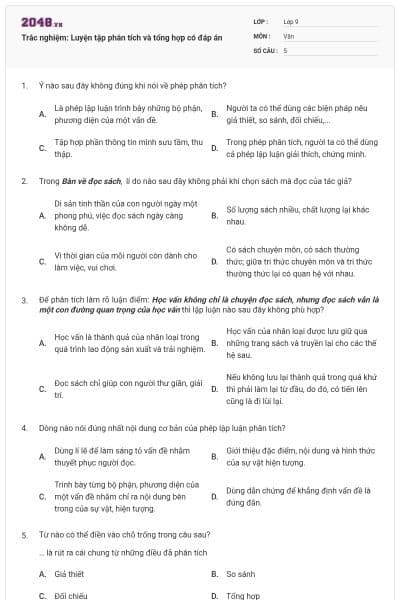 Trắc nghiệm: Luyện tập phân tích và tổng hợp có đáp án