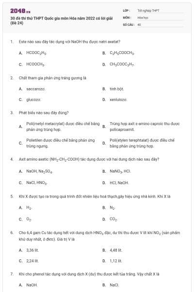30 đề thi thử THPT Quốc gia môn Hóa năm 2022 có lời giải (Đề 24)