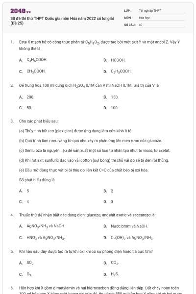 30 đề thi thử THPT Quốc gia môn Hóa năm 2022 có lời giải (Đề 25)