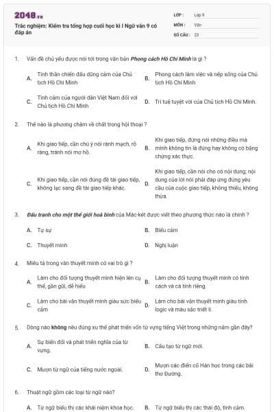 Trắc nghiệm: Kiểm tra tổng hợp cuối học kì I Ngữ văn 9 có đáp án