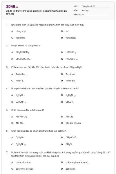 30 đề thi thử THPT Quốc gia môn Hóa năm 2022 có lời giải (Đề 26)