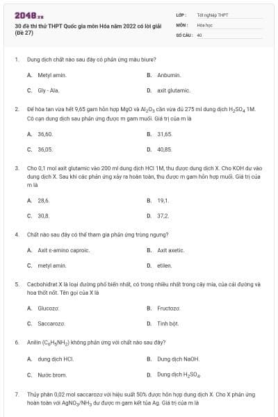 30 đề thi thử THPT Quốc gia môn Hóa năm 2022 có lời giải (Đề 27)