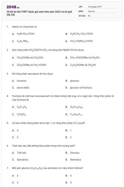 30 đề thi thử THPT Quốc gia môn Hóa năm 2022 có lời giải (Đề 28)