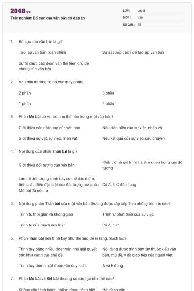 Trắc nghiệm Bố cục của văn bản có đáp án