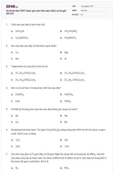 30 đề thi thử THPT Quốc gia môn Hóa năm 2022 có lời giải (Đề 29)