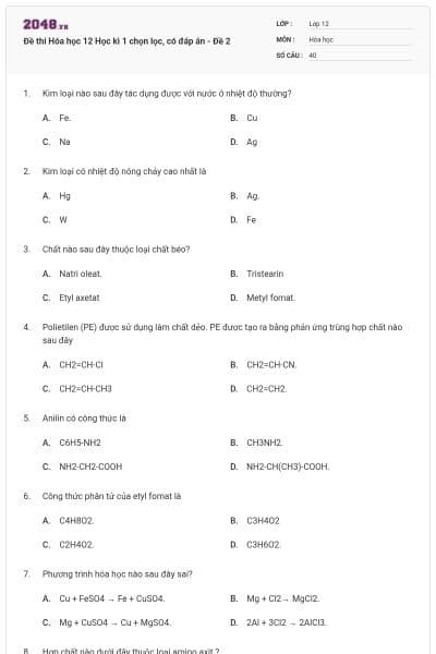 Đề thi Hóa học 12 Học kì 1 chọn lọc, có đáp án - Đề 2