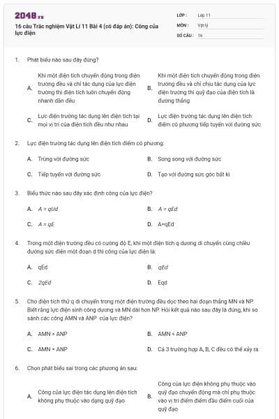 16 câu Trắc nghiệm Vật Lí 11 Bài 4 (có đáp án): Công của lực điện