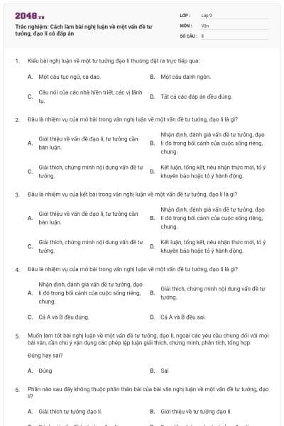 Trắc nghiệm: Cách làm bài nghị luận về một vấn đề tư tưởng, đạo lí có đáp án