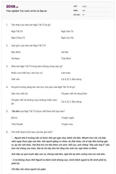 Trắc nghiệm Tức nước vỡ bờ có đáp án