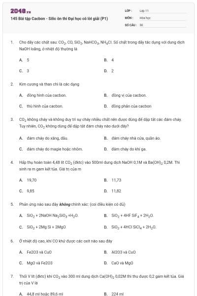 145 Bài tập Cacbon - Silic ôn thi Đại học có lời giải (P1)