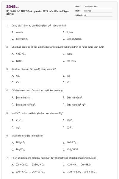 Bộ đề thi thử THPT Quốc gia năm 2022 môn Hóa có lời giải (Đề18)