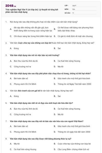Trắc nghiệm Ngữ Văn 9 (có đáp án): Lý thuyết về tổng kết phần văn bản nhật dụng