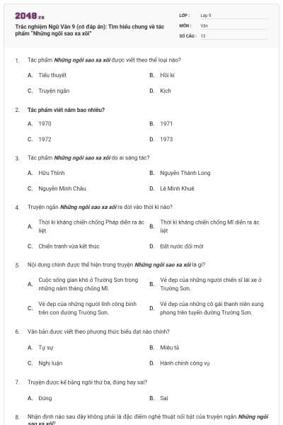 Trắc nghiệm Ngữ Văn 9 (có đáp án): Tìm hiểu chung về tác phẩm “Những ngôi sao xa xôi”