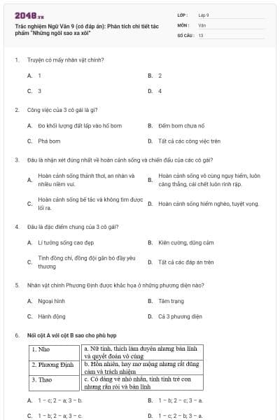 Trắc nghiệm Ngữ Văn 9 (có đáp án): Phân tích chi tiết tác phẩm “Những ngôi sao xa xôi”