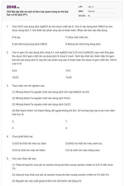 265 Bài tập Sắt và một số kim loại quan trọng ôn thi Đại học có lời giải (P1)